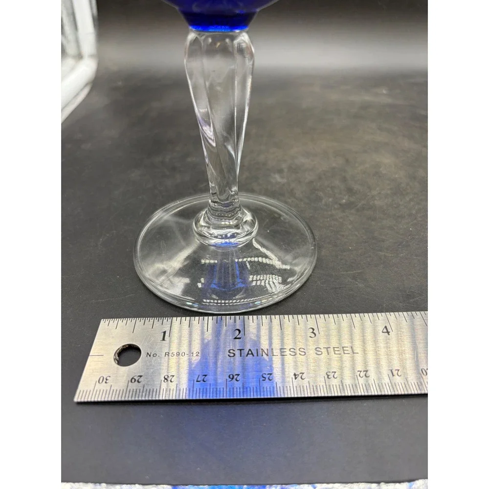 Vintage Cobalt Blue Wine Goblets Clear Twisted Stem Optic Panel Glass Set of 2
